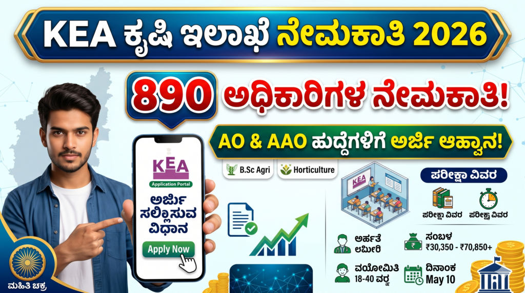 "Informative thumbnail for KEA Agriculture Department Recruitment 2026. The image features a man pointing to a mobile application portal for 890 AO and AAO vacancies. It displays details like salary (₹30,350 - ₹70,850+), age limit (18-40), and the application deadline of May 10, with the Mahiti Chakra logo."