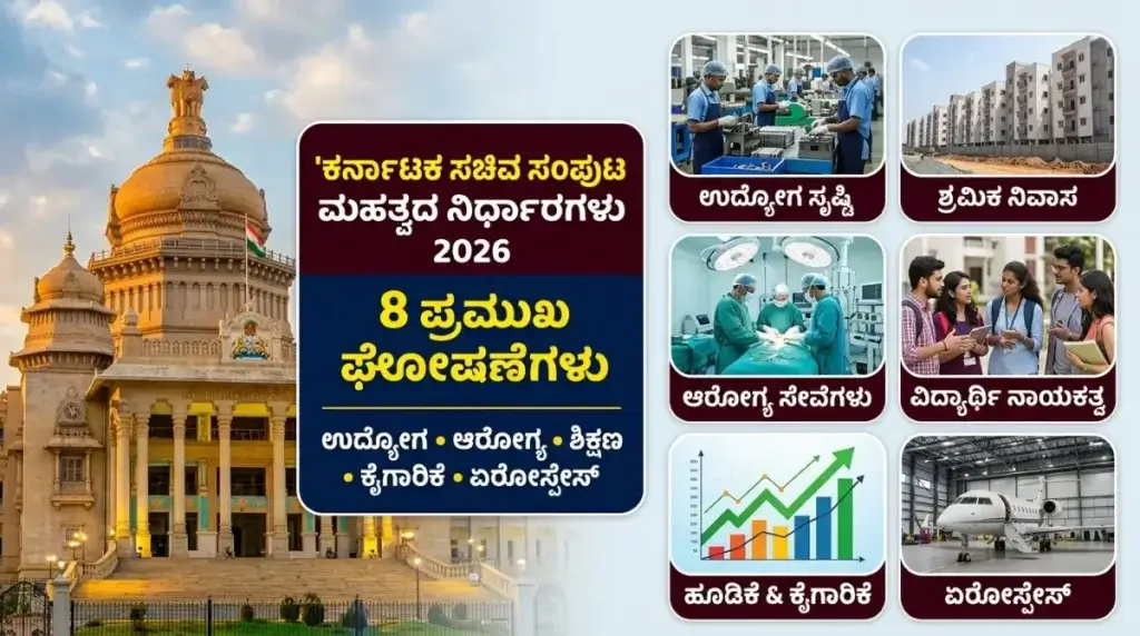 ಕರ್ನಾಟಕ ಸಚಿವ ಸಂಪುಟ ಮಹತ್ವದ ನಿರ್ಧಾರಗಳು 2026: ಉದ್ಯೋಗ ನಿಧಿ, ಶ್ರಮಿಕ ನಿವಾಸ ಸೇರಿದಂತೆ 8 ಪ್ರಮುಖ ನಿರ್ಧಾರಗಳು