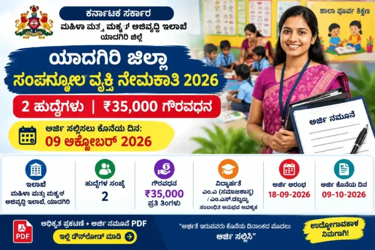 ಯಾದಗಿರಿ ಜಿಲ್ಲೆಯಲ್ಲಿ 2 ಹುದ್ದೆಗಳ ನೇಮಕಾತಿ 2026: ₹35,000 ಗೌರವಧನ, ಅರ್ಜಿ ಸಲ್ಲಿಕೆಗೆ ಅಕ್ಟೋಬರ್ 9 ಕೊನೆಯ ದಿನ